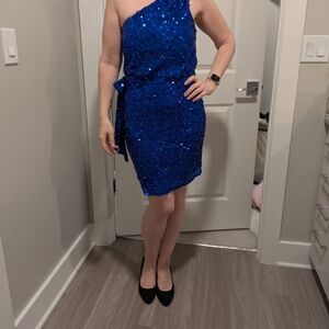 Cache Vibrant Blue Sequin One-Shoulder Dress